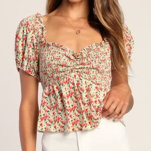 Lulus Such A Flirt Sage Floral Smocked Peplum Short Sleeve Top Green - Size L